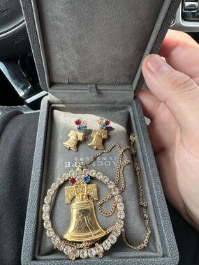 Gold Liberty Bell Pendant Necklace and Earring Set with Red & Blue Accents